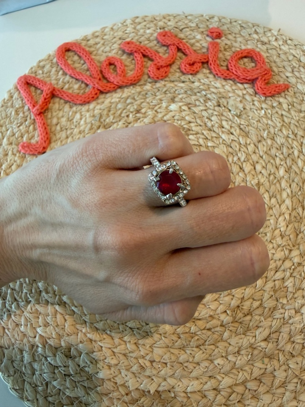 Red Gemstone Halo Ring - size 7 - no gold or silver - Preloved